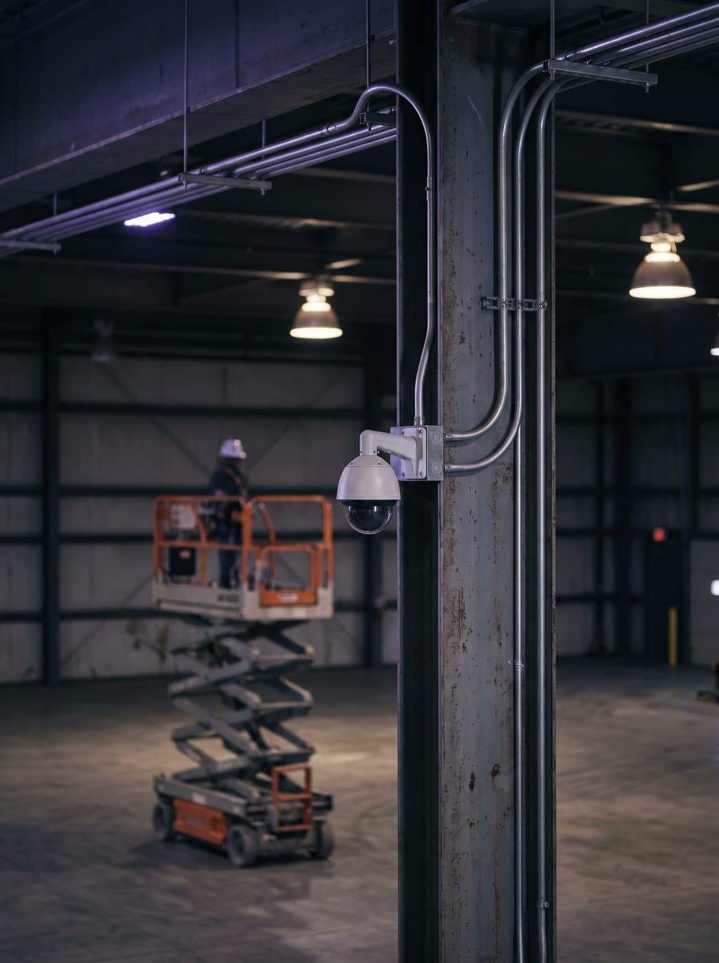 Imagen ilustrativa: cámara domo de videovigilancia instalada en columna dentro de una nave industrial, plataforma de elevación al fondo