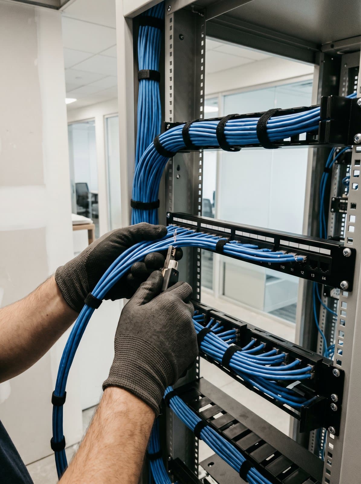Imagen ilustrativa de las manos de un técnico rematando cableado azul en el panel de parcheo de un rack dentro de un edificio corporativo