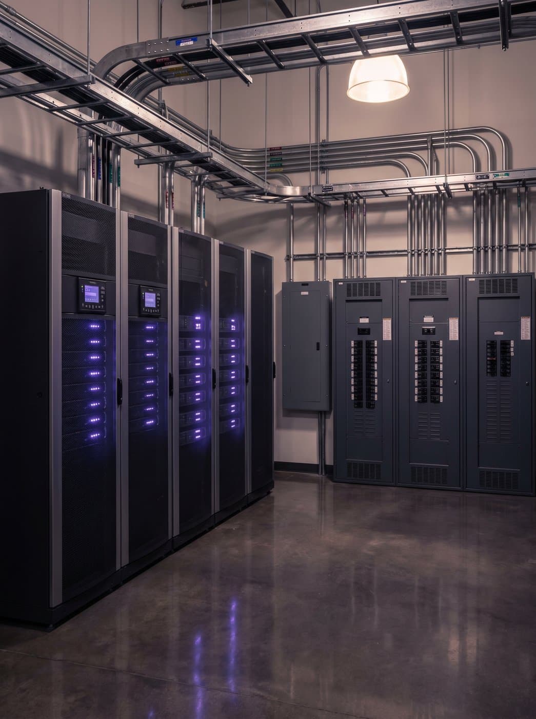 Imagen ilustrativa: sala eléctrica con gabinetes UPS y tableros de distribución ordenados con canalización superior