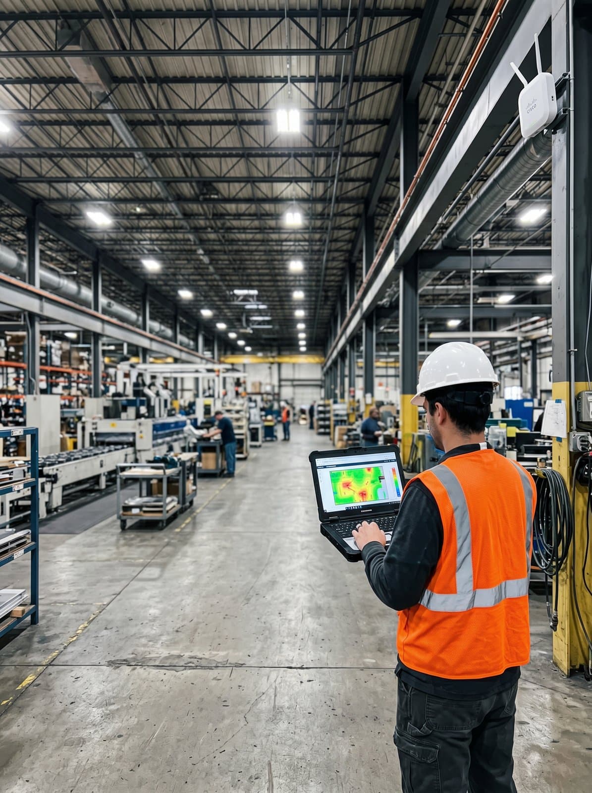 Imagen ilustrativa de un ingeniero con equipo de análisis Wi-Fi recorriendo el piso de una planta de manufactura en operación durante un site survey
