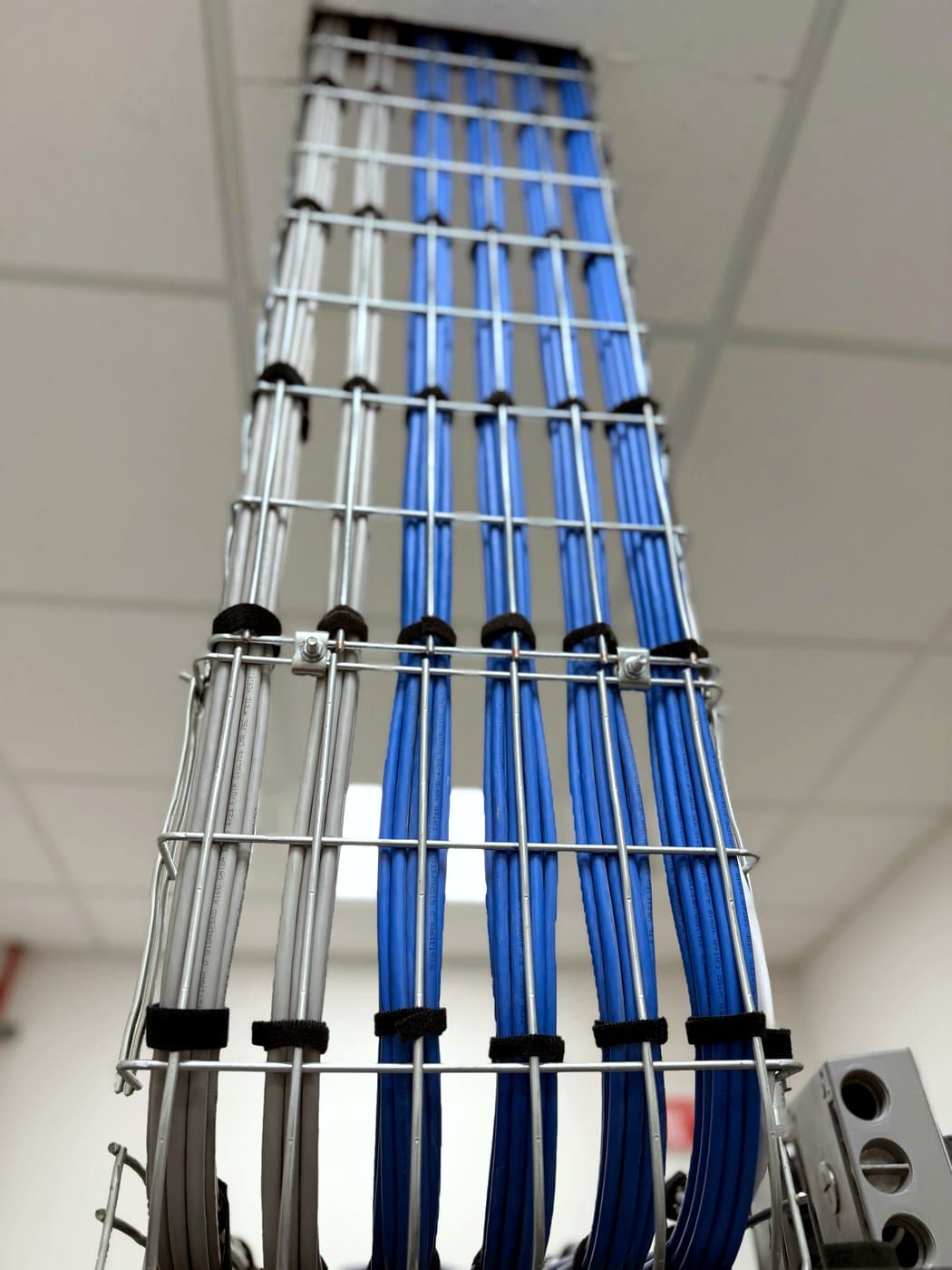 Fotografía de instalación ERCONNECT: tendido vertical de cableado ordenado con soporte tipo escalerilla